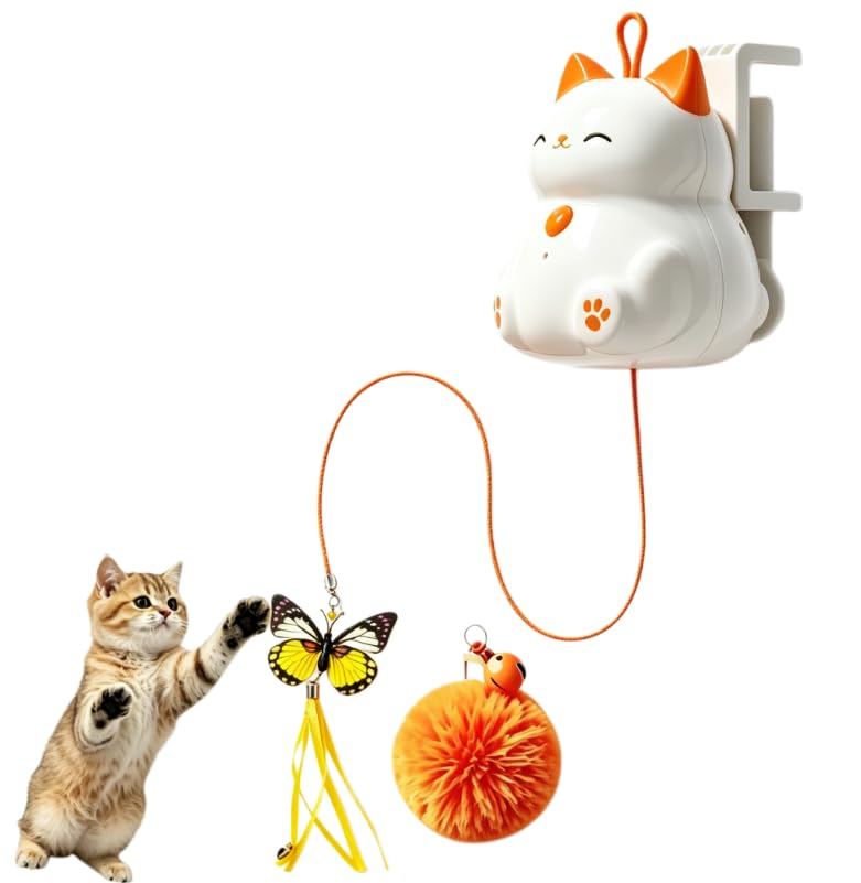 Interactive Hanging Cat Toy for Indoor Cats, Smart Cat Teaser with Flying Butterfly and Bell Ball- Relieve Cat Anxiety, Obesity Hook/Suction/Clip Install- Type-C Charger