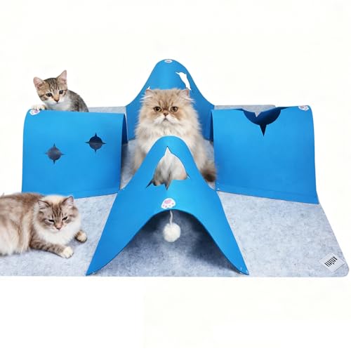 4-Way Cat Tunnels for Indoor Cats, Interactive Toys with Plush Ball - color: Grey-Blue