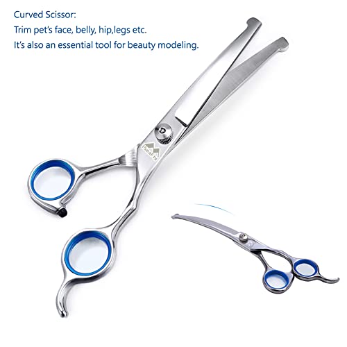 Dog Scissors with Round Tip, 6 in 1 Dog Grooming Kit, Stainless Steel Pet Grooming Scissors for Full Body, Face, Nose, Ear and Paw (Blue)
