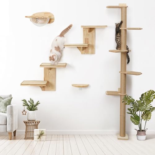 FUKUMARU Cat Wall Shelves, 2 Platform Kitten Wall Furniture, Tree Shape Wall-Mounted Floating Shelf with Sisal Mat, Solid Rubber Wood Cats Perch for 16 Inch Drywall, Suitable for Climb, Play, Nap - color: Sisal mat