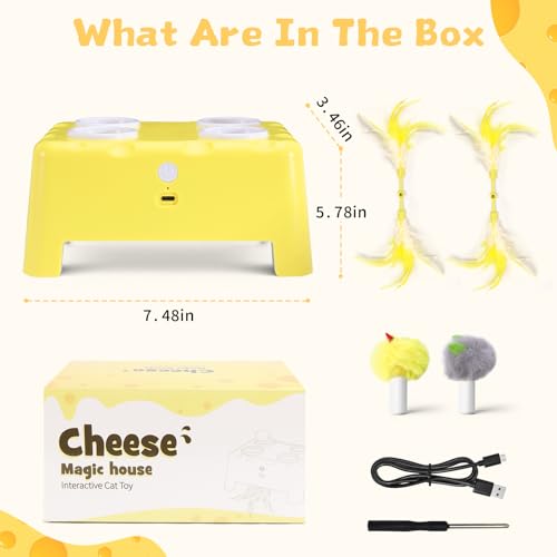 Interactive Cat Feather Toy Cheese Box 3in1 Whack a Mole - color: Yellow