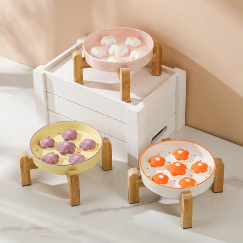 Elevated Ceramic Slow Feeder Cat Bowl with Anti-Slip Bamboo Stand - color: Orange + Stand