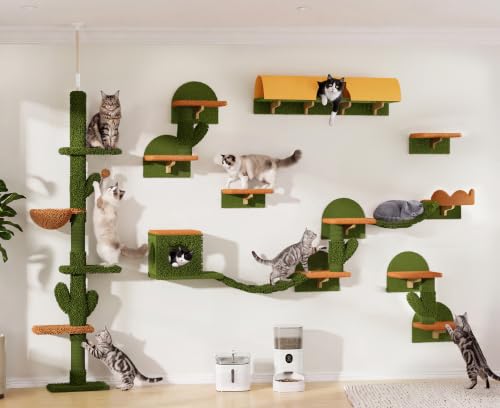 Cactus Floor to Ceiling Cat Tower, 17-in-1 Cat Wall Shelves, Green