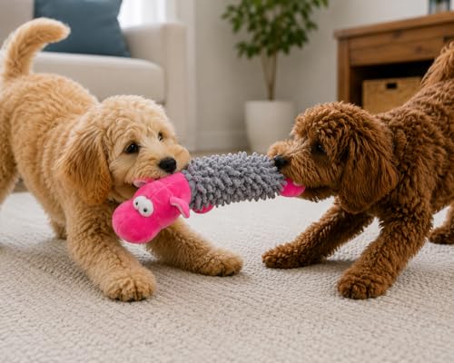 PawfectBabies HippoHugs Crinkle & Chew Toy for Dogs – Soft Plush Squeaky Dog Toy, Interactive Crinkle Toy for Small & Medium Dogs, Cute Pink & Grey Hippo Puppy Toy