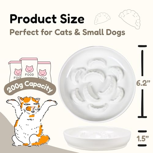 Ceramic Cat Slow Feeder Bowl Set, 2 Pcs Dumpling Shape Cat Food Plates, 6.2" W Wide Shallow Whisker Friendly Slow Feeding Cat Bowls for Dry Food, Wet Food & Treats, Dishwasher Safe, White - color: White + White