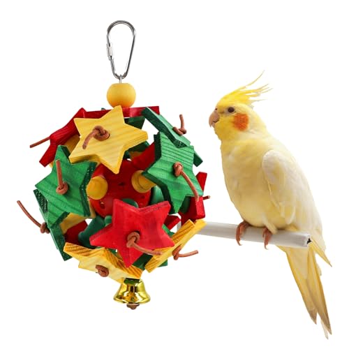 Interactive Bird Toy with Wooden Star Blocks & Leather Knots – Hanging Foraging Ball with Bell for Parrots, Cockatiels, Conures | Cage Climbing & Beak Exercise Toy