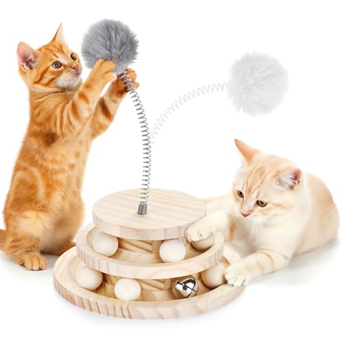 2-Tier Wooden Cat Ball Track Toy - Non-Toxic Cat Turntable with Removable Balls, Interactive DIY Circle Toy for Kittens & Cats Mental/Physical Exercise, Safe Natural Wood Kitty Roller - size: 7.3