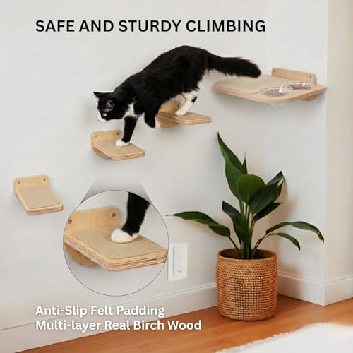 INICIO Cat Shelves - Feeding Shelf with 3 Cat Wall Steps - Natural Wood - color: Wood Brown