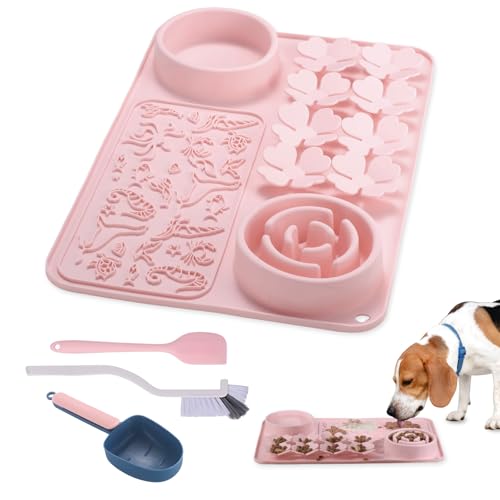 Silicone Lick Mat for Dogs & Cats – Slow Feeder Dog Bowl, Non-Slip Licking Mat for Large & Small Breeds, Puzzle Feeder & Snuffle Mat for Fast Eaters, Interactive Pet Food Mat with Measuring Spoon - color: Pink With Spoon