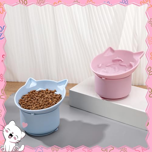 2 Pack Elevated Slow Feeder Cat Bowls Anti Vomit Silicone Raised Cat Bowls - color: Pink, Blue