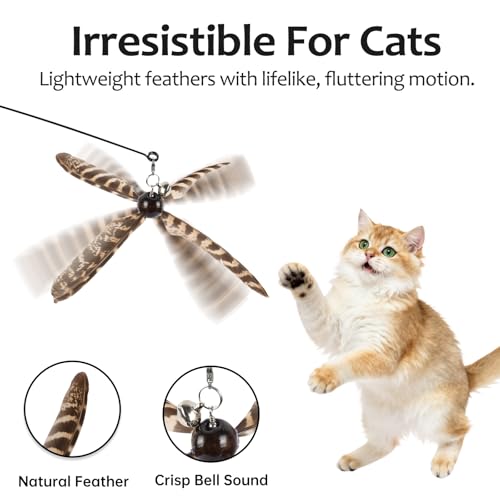 Cat Wand Toys Interactive for Indoor Cats, 4PC 4-Blade Feather Propeller Refills, 1PC Cat Wand (Wild-Style Brown) - color: Wild-Style Brown