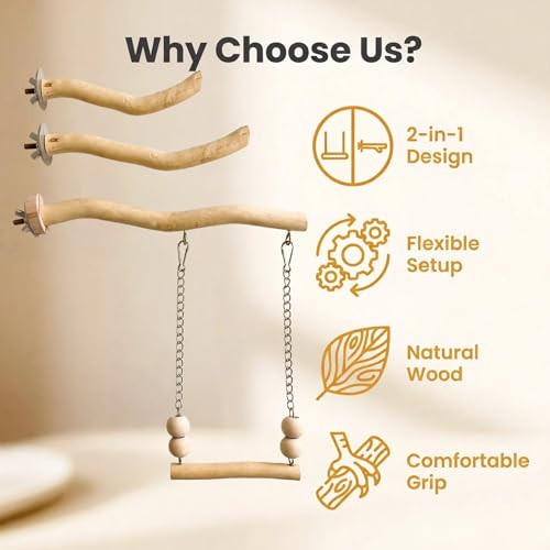 Bird Perch and Swing for Small Birds, Natural Wood Cage Accessories - size: Medium