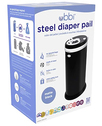 Ubbi Stainless Steel Diaper Pail, No Special Bag, Odor-Locking, Matte Black - color: Matte Black
