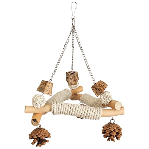Bird Swing Perch Toy, Hanging Wooden Bird Swing with Rope Wrapped Perches, Pine Cones and Natural Chew Elements for Parakeets, Budgies, Cockatiels, Lovebirds and Small Birds