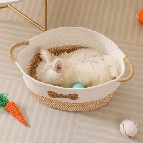Dog Toy Basket, Dog Toy Box Organizer Baskets, Woven Cotton Rope Pet Puppy Dogs Toy Bin With Handle, Chew Toys Blankets Leashes Storage Baskets for All Pets - Puppies to Large 14" L x 10.2" W x H 7.9" - color: Yellow Woof
