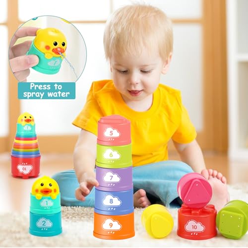 Qirptey Montessori Baby Toy,Stacking Cups Blocks Sensory Bin Teething Toys