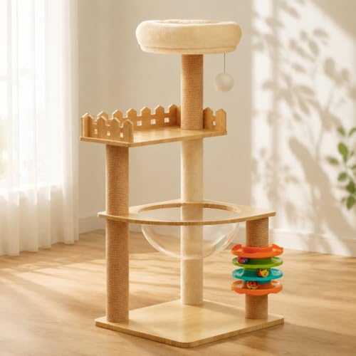 39.3" Modern Wood Cat Tree Tower for Indoor Cats, Multi-Level Cat Condo with Castle Perch, Acrylic Hammock, Sisal Scratching Posts & Toy, Cat Activity Tree for Small & Large Cats - color: Style F