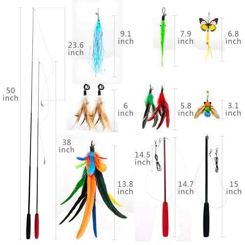 miwoowim 2PCS Retractable Cat Teaser Wands & 9PCS Feather Refills Toy Set - color: Retractable Wand Toy