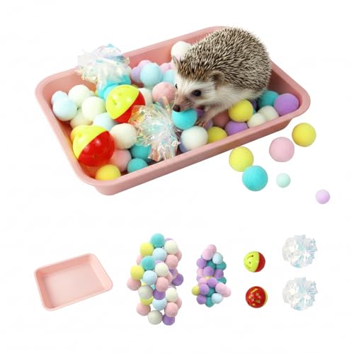 Hedgehog Dig Box Tray, Fun Foraging & Digging Hedgehogs Toy, Includes Rich Colors Balls, Hedgehogs Accessories for Hamsters, Ferrets and Other Small Animals (Pink)