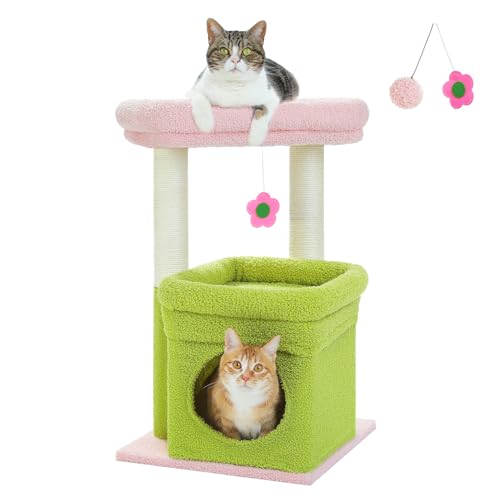 PEQULTI Small Cat Tree Tower for Indoor Cats, Sisal Post & Cozy Condo, Pink - color: Pink, size: M(15.7"L x 15.7"W x 26.7"H)
