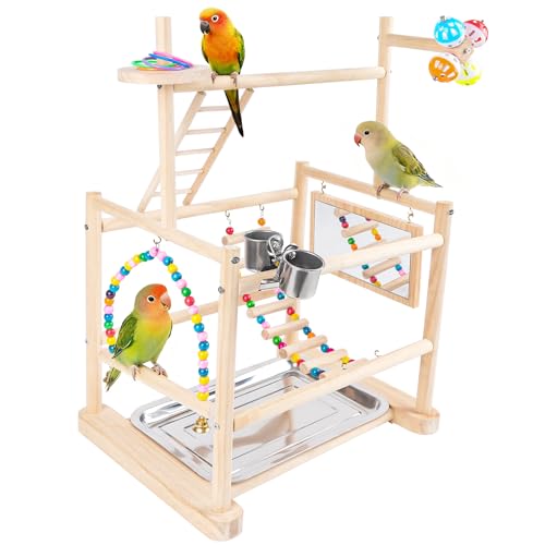 Bird Playground, 3 Tier Bird Perch Stand Parrot Playground Bird Tree with Parakeet Toys, Bird Ladder & Swing, Feeder Cups, Parakeet Mirror, and Removable Tray for Small to Medium Birds - size: 3 Tier