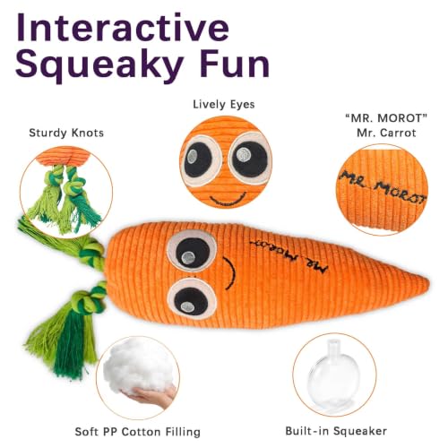 Orange Carrot Squeaky Plush Dog Chew Toy, 15.7 in Durable Rope Toy - color: Orange Carrot