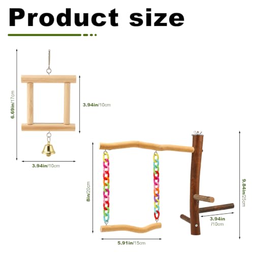 Bird Swing Toys with Perch Stand, Natural Wood Bird Play Stand with Swing and Mirror, Chewable Bird Cage Toy for Budgies Parakeets Cockatiels and Small Parrots
