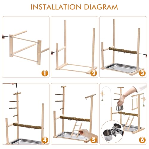 Natural Wood Parrot Playground Perch Stand with Feeder Cups, Tray, Ladder, Swing & Bells, Play Gym for Top of Cage, Cage Accessories for Lovebirds, Cockatiels, Parakeets