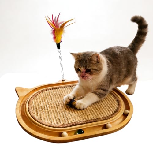 Cat Scratcher with Ball Track Feather,Sisal Scratch Pad for Cat Indoor Use,Cat Puzzle Toys Wooden Interactive Fit Kitten and Adult Cats,Indoor Entertainment Chasing Hunting Physical Exercise