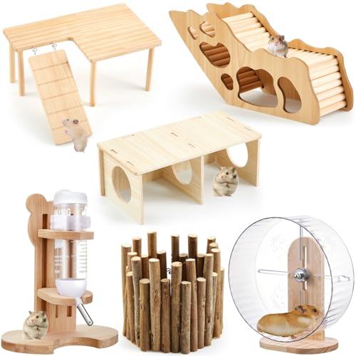 6 Pcs Hamster Toys Set, Maze Wood House, Climbing Ladder Wooden Bridge Tunnel Toy Platform Silent Exercise Running Wheels and Water Bottle Set for Rat Guinea Pig Habitat Cage(Basic) - style: Minimalist