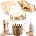6 Pcs Hamster Toys Set, Maze Wood House, Climbing Ladder Wooden Bridge Tunnel Toy Platform Silent Exercise Running Wheels and Water Bottle Set for Rat Guinea Pig Habitat Cage(Basic) - style: Minimalist