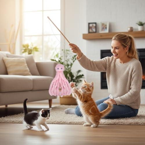 2-Pack Cat Toy Wand Set: Interactive Cat Teaser Wands with Bells and Streamers to Engage Your Cat’s Natural Instincts (Dog and Octopus) - color: Dog and Octopus