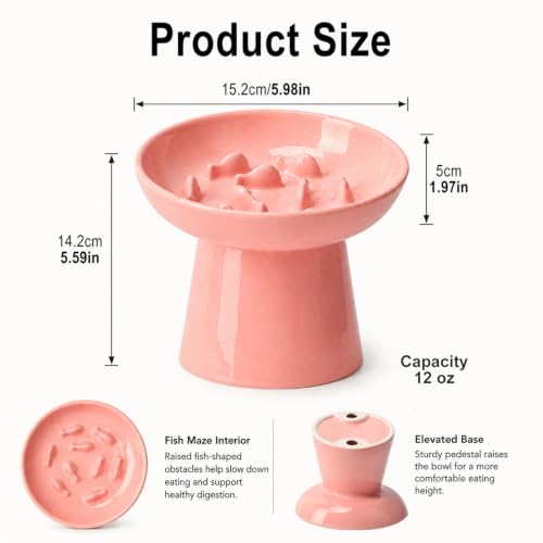 Cat Slow Feeder Bowl, Ceramic Elevated Cat Slow Feeder Bowl, Shallow Wide Opening Dish for Kitty, Anti Vomiting for Dry and Wet Food, Anti-Slip Design, Pink - color: Pink