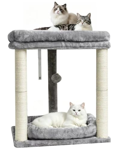 SYANDLVY Small Cat Tree with 2-Tier Perch Platforms, Scratching Post Tower - color: Grey