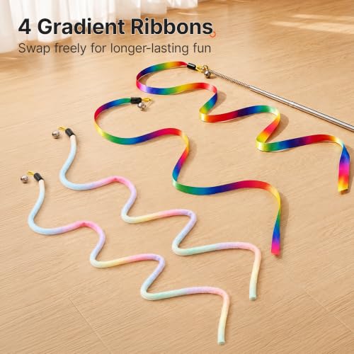 Potaroma Interactive Cat Wand Teaser Toy, Retractable, 4 Ribbons