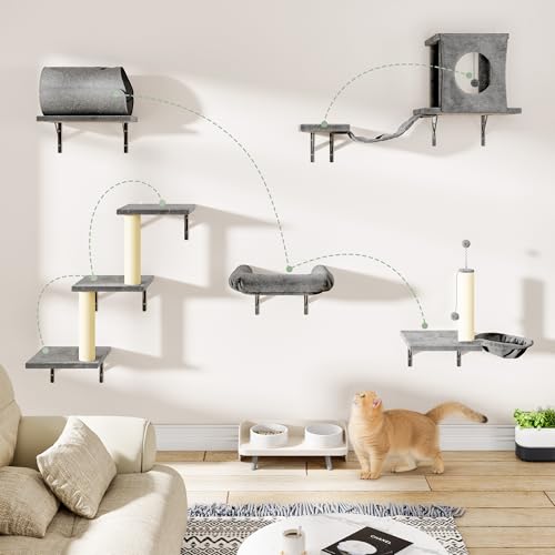 7-in-1 Cat Wall Shelves, Space-Saving Wall Mounted Cat Shelves - color: Gray