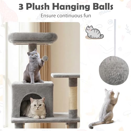 Tangkula 58 Inch Cat Tree Tower, Multi-Level Cat Tower with Sisal Scratching Posts, Padded Top Perch, Condo & Hammock, 3 Hanging Balls, Jumping Platforms for Indoor Cats (Light Gray) - color: Light Gray