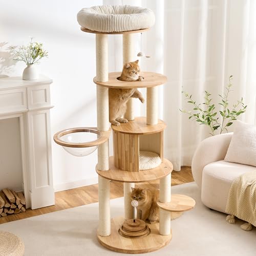 Solid Wood Cat Tree Tower with Scratching Post, 67 Inches Tall Cat Towers with Capsule and Condo, Modern Cat Tower with Rotating Ball Toy and Removable Top Bed for Indoor Cats - color: 67 inch-Condo