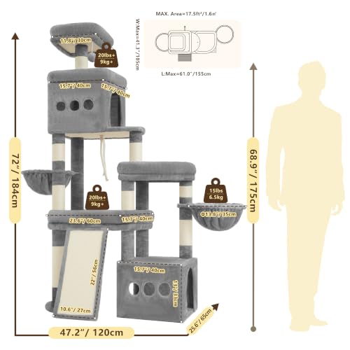 Heybly Cat Tree 72.4-Inch Anti-Tip Cat Tower with Spacious Perches HCT060W - color: Light Gray