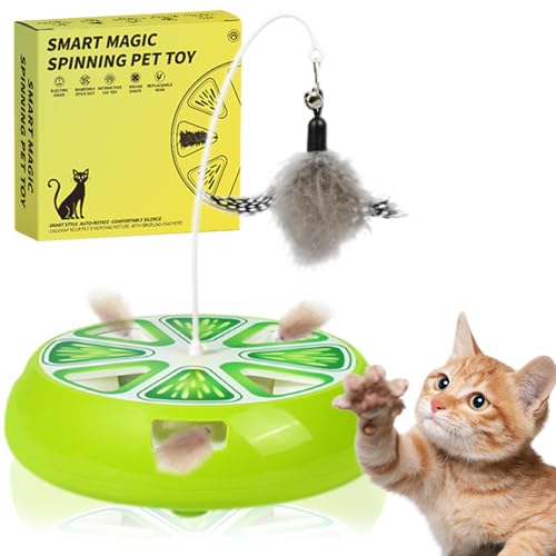 Puffluv Interactive Cat Toy,2 in 1Fruite Shape Toys with Electric Moving Concealed and Hanging Feathers Pop and Play Hide Seek, Hunting Tpye-C Rechargeable-Green Lime - color: Lime Green