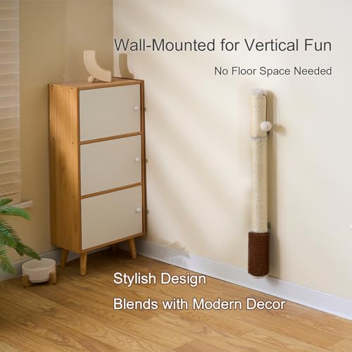 Wall Mounted Cat Scratcher, 34” Extra-Tall Vertical Sisal Scratching Post for Large Cats, Space-Saving Wall Cat Scratcher with Self Grooming Brush & Hanging Ball, Beige
