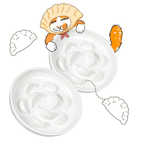 Ceramic Cat Slow Feeder Bowl Set, 2 Pcs Dumpling Shape Cat Food Plates, 6.2" W Wide Shallow Whisker Friendly Slow Feeding Cat Bowls for Dry Food, Wet Food & Treats, Dishwasher Safe, White - color: White + White