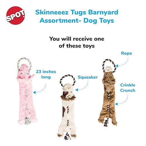 SPOT Skinneeez Barnyard Tug Dog Toy - Rope Design for Strong Chewers, Squeaker & Crinkle, Stuffing-Free, Tug Toy for Medium to Large Dogs & Puppies -23 inch, Style Varies