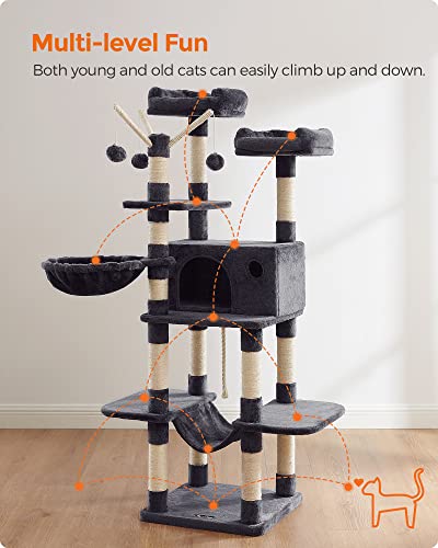 Feandrea Cat Tree, 62.4 Inches, Activity Center with Hammock, Basket - color: Smoky Gray