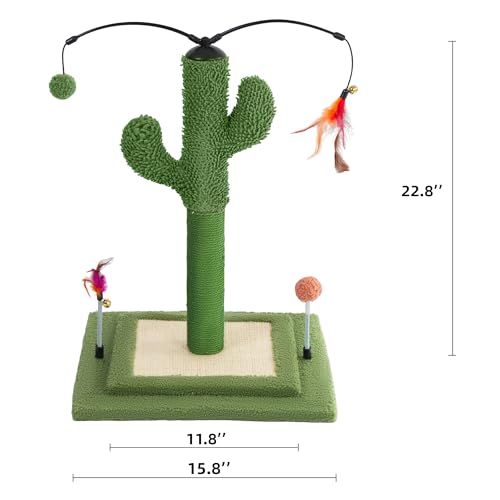 YUNIQUE Cactus Cat Scratching Post with Sisal Rope, Small Cat Tree with Dangling Balls & Feather for Kittens (Green, 22.8'') - color: green, size: 22.8'' square