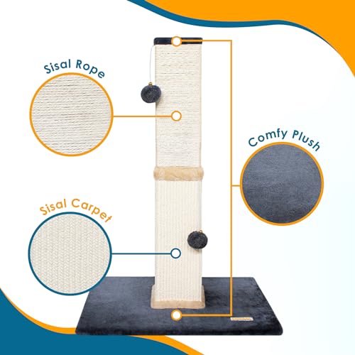 Pawbee 32" Cat Scratching Post Tower with Jingle Bells and Plush Balls, Sisal Tower with Larger Base for Better Stability, Beige - color: Beige
