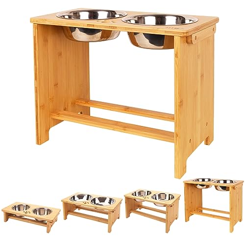 HTB Elevated Dog Bowl Stand with 2 Stainless Steel Bowls-14 H XLarge Bamboo - color: Bamboo, size: X large-14"tall,48 Oz bowl