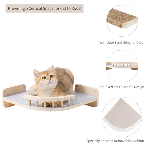 Cat Wall Shelves - 3 Steps Scratch Post & Hammock Bed with Plush Cover, Climbing Shelf for Indoor Cats (Wood)