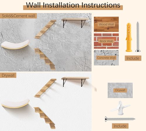 Cat Wall Shelves Set with Sisal Cats Stairs, 4 Piece Wooden Climbing Furniture with Scratchable Curved Bed, Flat Shelf & 2 Cat Wall 4-Steps Ladders - color: Curved Foam, size: Combo 4 in 1