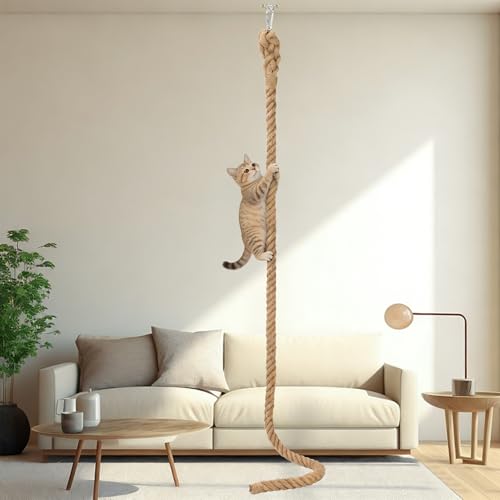 2" x9.8Ft Cat Climbing Rope with Hook, Natural Sisal Ceiling & Wall - size: 9.8FT
